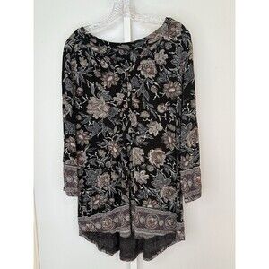 Lucky Brand Women’s Tunic 1X Black Boho Floral Print Long Sleeve Henley Blouse